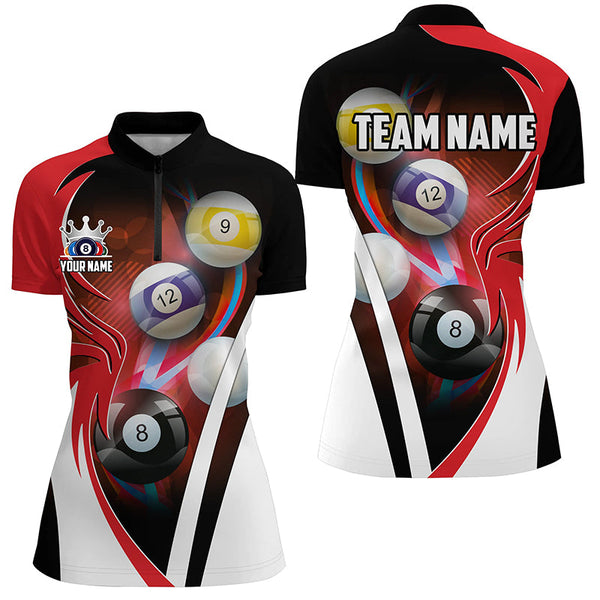 Personalized Billiard Tournament Shirts For Women Custom Team Name Billiard Balls Pool Jerseys | Red TDM2469