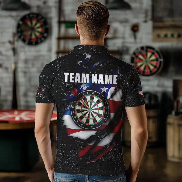American Flag Black Grunge Dart Polo & Quarter Zip Shirts Custom Patriotic Dart Shirts For Men TDM3211