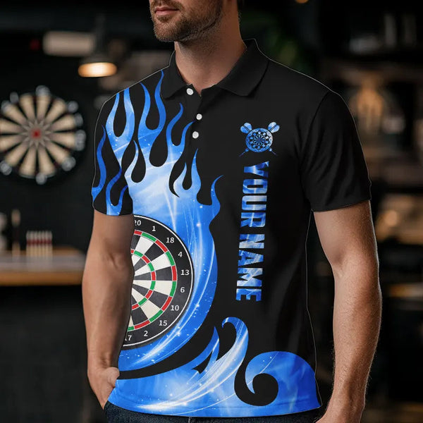 Black Blue Fire Flame Light Darts Polo & Quarter Zip Custom Dart Shirts For Men League Dart Jerseys TDM3424