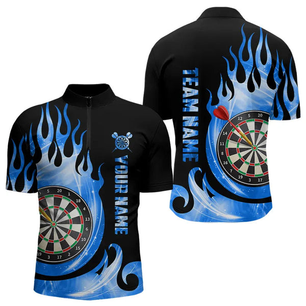 Black Blue Fire Flame Light Darts Polo & Quarter Zip Custom Dart Shirts For Men League Dart Jerseys TDM3424
