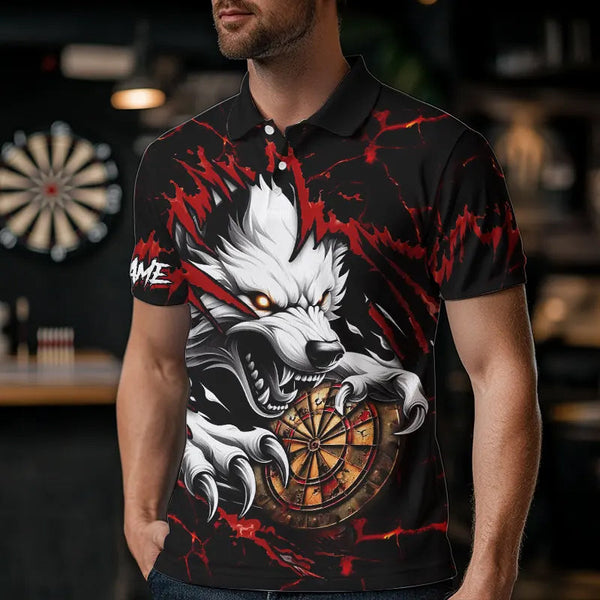 Personalized Wolf Lightning Darts Polo & Quarter Zip Custom Dart Shirts For Men Darts Jerseys |Red TDM3443