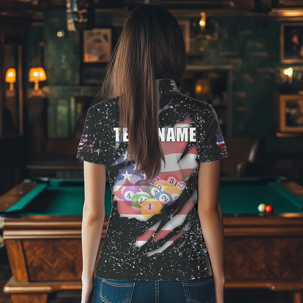 Personalized Grunge Black American Flag Billiard Shirts For Women Custom 8 Ball Pool Billiard Jersey TDM3743