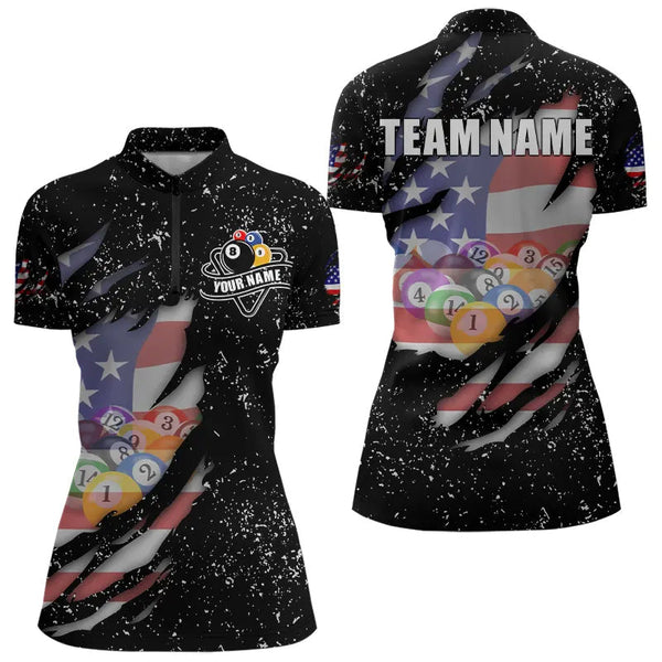 Personalized Grunge Black American Flag Billiard Shirts For Women Custom 8 Ball Pool Billiard Jersey TDM3743