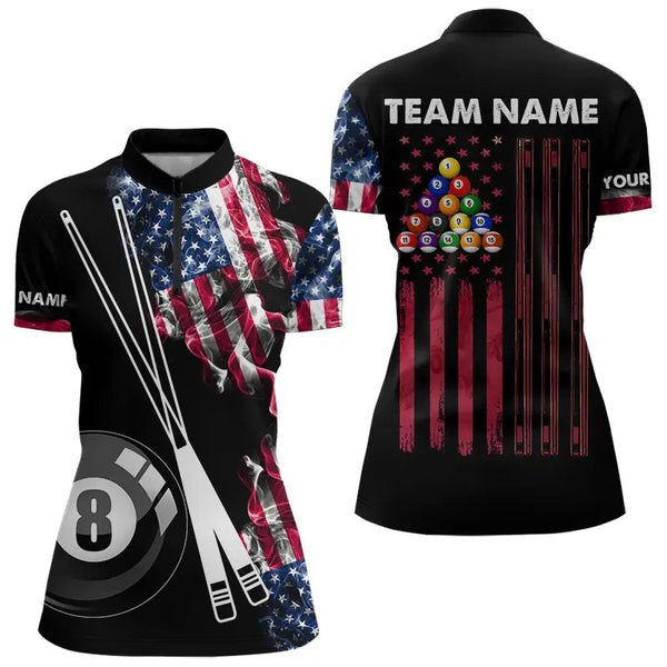 Personalized US Flag Smoke 8 Ball Pool Billiard Shirt For Women Custom Patriotic Billiard Team Jersey TDM3744