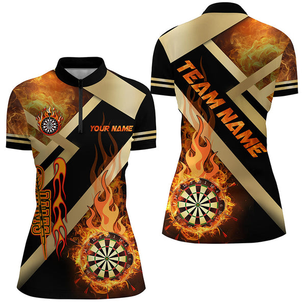 Personalized Gold And Black Dartboard Fire Flame Custom Darts Shirts For Women, Darts Team Jerseys TDM2048