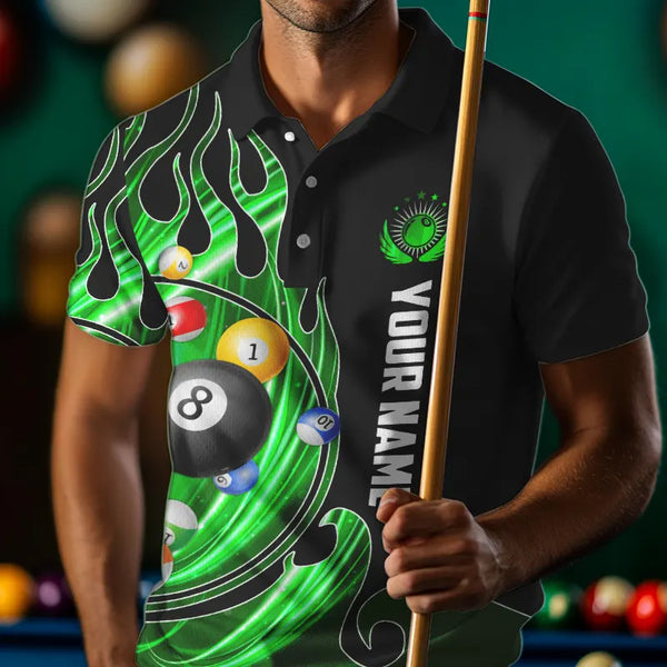 3D Billiard Balls Fire Flame Custom Pool Shirts For Men, Billiard League Team Jerseys | Green TDM3754