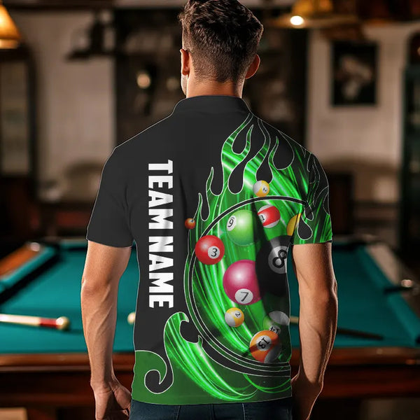 3D Billiard Balls Fire Flame Custom Pool Shirts For Men, Billiard League Team Jerseys | Green TDM3754