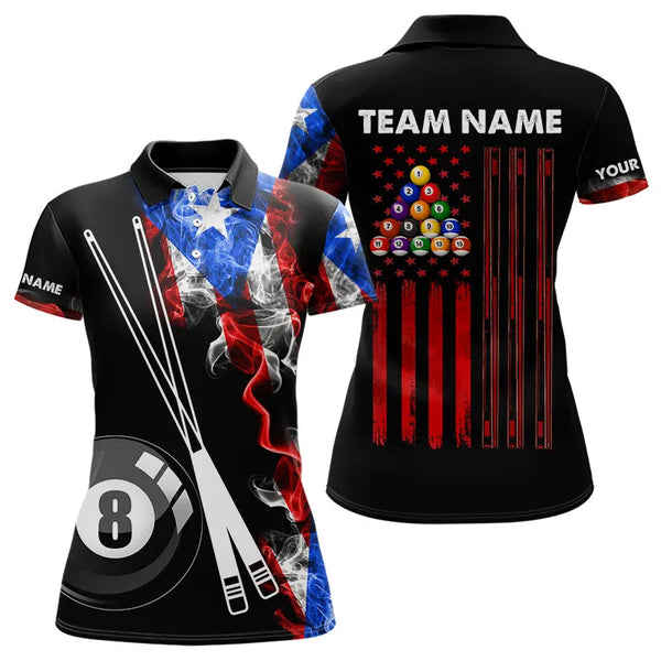 Smoke Puerto Rico US Flag Custom Billiard Shirt For Women, Patriotic 8 Ball Pool Team Jersey TDM3450
