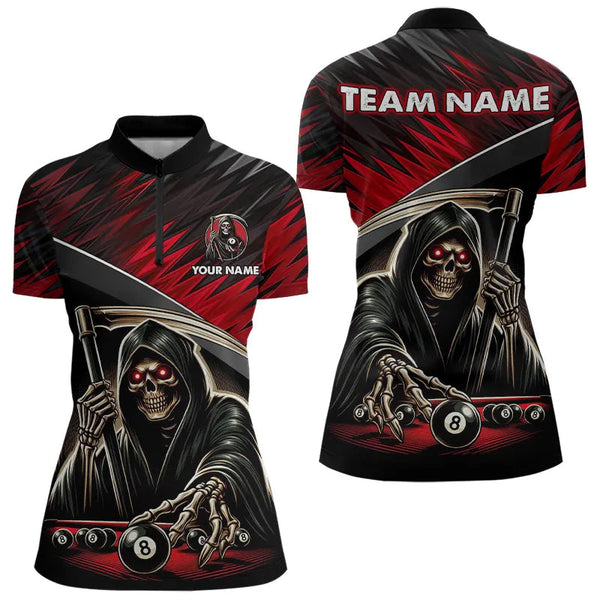 Red Grim Reaper 8 Ball Pool Billiard Shirts For Women Custom Billiard Team Jerseys Polo & 1/4 Zip TDM3760