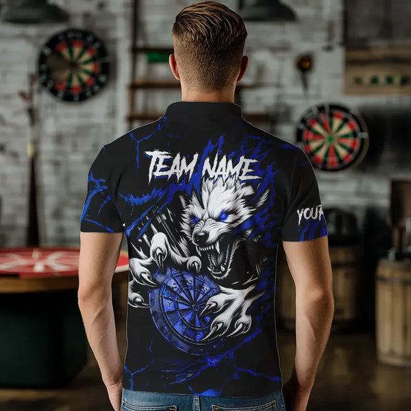 Personalized Wolf Lightning Darts Polo & Quarter Zip Custom Dart Shirts For Men Darts Jerseys |Blue TDM3610