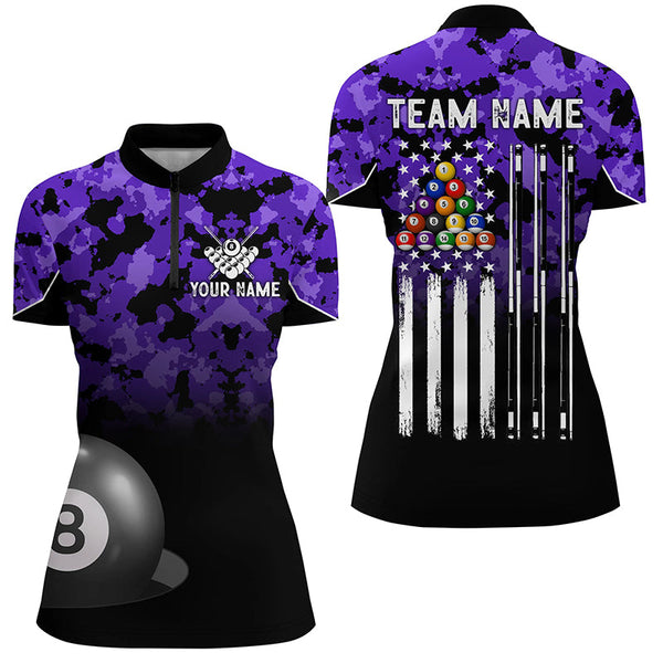 8 Ball Pool Purple Camo Custom Billiard Shirts For Women, Patriotic US Flag Billiard Team Jerseys TDM2314
