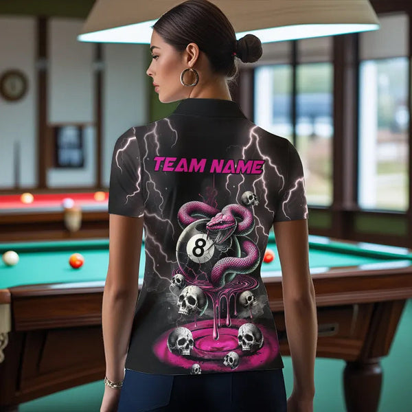 Pink And Black Thunder Lightning Skull Snake Billiard Shirts For Women Custom 8 Ball Billiard Jerseys TDM3627