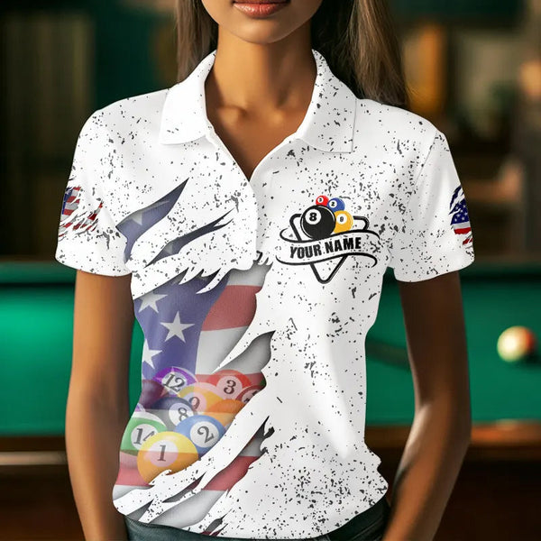 Personalized Grunge White American Flag Billiard Shirts For Women Custom 8 Ball Pool Billiard Jersey TDM3635