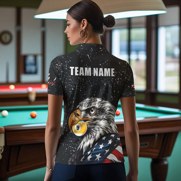 Black Grunge Eagle American Flag Custom 9 Ball Pool Women's Billiard Shirts, Billiard Team Jerseys TDM3779