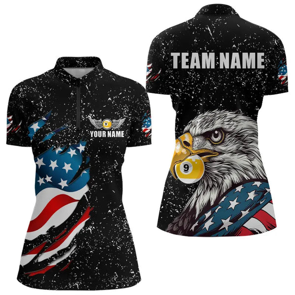 Black Grunge Eagle American Flag Custom 9 Ball Pool Women's Billiard Shirts, Billiard Team Jerseys TDM3779
