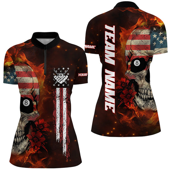 American Flag Skull Fire Billiard Women Polo & Quarter-Zip Shirts Custom Patriotic Billiard Jersey TDM1679