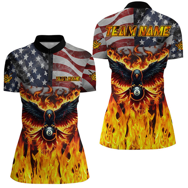 Personalized Flame American Flag Custom Eagle Billiard Shirts For Women, Patriotic Billiard Jerseys TDM2096