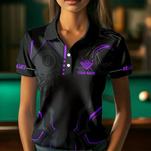 Customized 8 Ball Pool Crown Women Billiard Shirts, Purple And Black Billiard Team Shirts Pool Jersey TDM3665