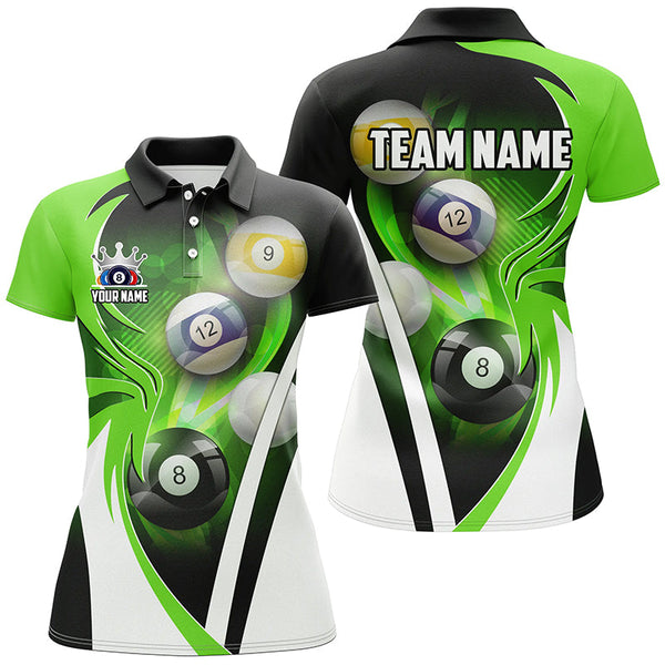 Personalized Billiard Tournament Shirts For Women Custom Team Name Billiard Balls Pool Jerseys |Green TDM2889