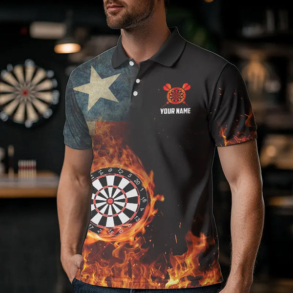 Personalized Retro Texas Flag Flame Dartboard Darts Shirts For Men, Patriotic Texas Dart Jerseys TDM3677