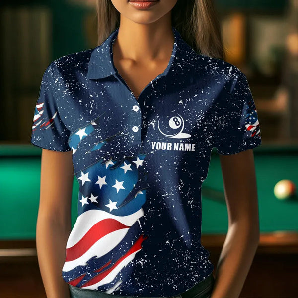 Blue Navy Grunge Eagle American Flag Custom Billiard Shirts For Women, Patriotic Billiard Team Shirts TDM3681
