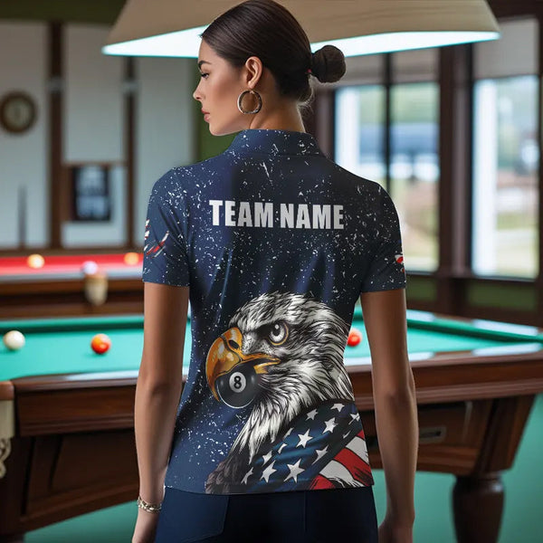 Blue Navy Grunge Eagle American Flag Custom Billiard Shirts For Women, Patriotic Billiard Team Shirts TDM3681