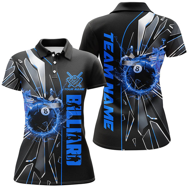Personalized Blue Glass Crack 8 Ball Billiard Women Polo & Quarter-Zip Shirts, 8 Ball Pool Jerseys TDM1735