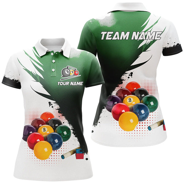 3D 9 Ball Pool Billiard Jerseys Women Polo & Quarter-Zip Shirts Custom Billiard Team Shirts |Green TDM2156