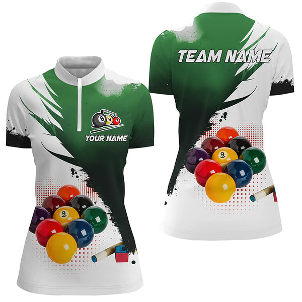 3D 9 Ball Pool Billiard Jerseys Women Polo & Quarter-Zip Shirts Custom Billiard Team Shirts |Green TDM2156