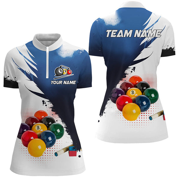 3D 9 Ball Pool Billiard Jerseys Women Polo & Quarter-Zip Shirts Custom Billiard Team Shirts |Blue TDM2157