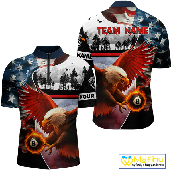 Custom American Flag Eagle 8 Ball Pool Vintage Billiard Shirts For Men, Patriotic Billiard Jerseys TDM3990