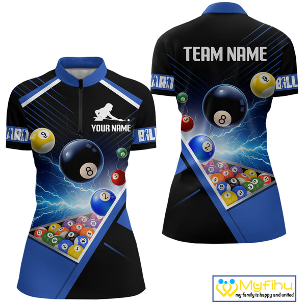 Customized Blue Thunder Lightning Strike Billiard Shirt For Women, Billiard Team Shirt Pool Jerseys TDM4009