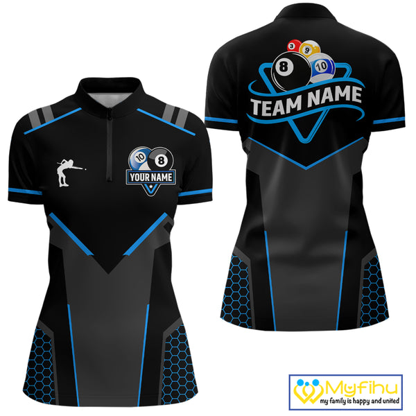 Personalized 8 Ball & 10 Ball Pool Billiard Polo, 1/4 Zip For Women Custom Team Billiard Jersey  TDM4050