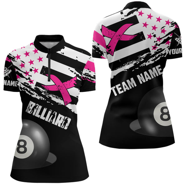 Customized Billiard Breast Cancer Flag Shirts For Women, Black And Pink Ribbon 8 Ball Billiard Jersey TDM2316