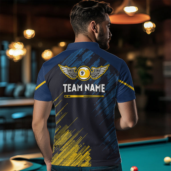 Personalized Blue Yellow 9 Ball Pool Wings Men's Billiard Shirts, 9 Ball Billiard Team Shirt Jersey TDM3776