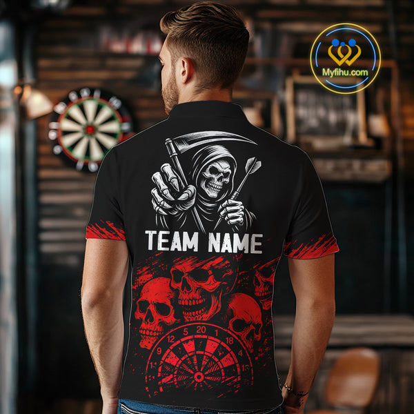 Custom Men's Grim Reaper Dart Shirt – Black Red Grunge Darts Jersey Team Polo & Quarter Zip Styles TDM4067