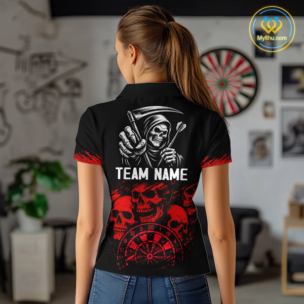 Custom Women's Grim Reaper Dart Shirt – Black Red Grunge Darts Jersey Team Polo & Quarter Zip Styles TDM4067