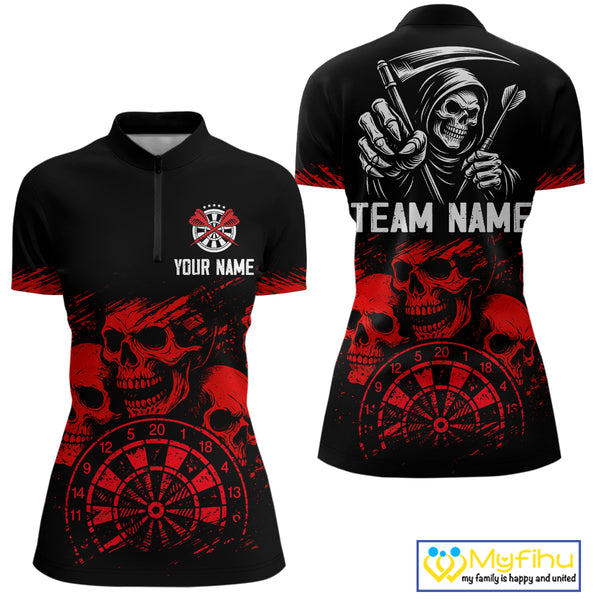 Custom Women's Grim Reaper Dart Shirt – Black Red Grunge Darts Jersey Team Polo & Quarter Zip Styles TDM4067