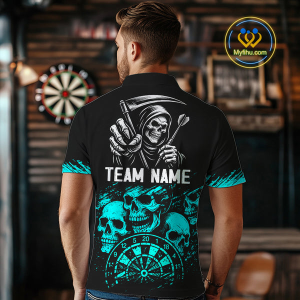 Custom Men's Grim Reaper Dart Shirt – Black Cyan Grunge Dart Jersey Team Polo & Quarter Zip Style TDM4068