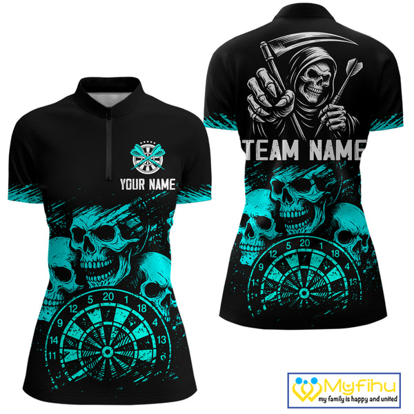 Custom Women's Grim Reaper Dart Shirt – Black Cyan Grunge Dart Jersey Team Polo & Quarter Zip Style TDM4068