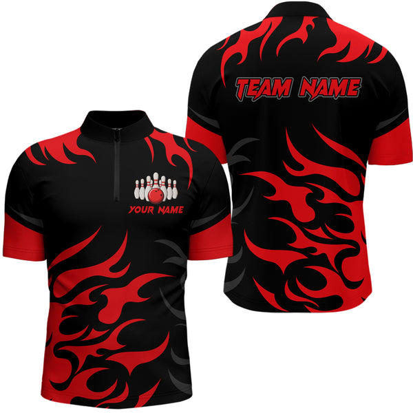 Black and Red Flame Bowling shirts for Men Custom team bowling jerseys, mens bowling apparel NQS9273