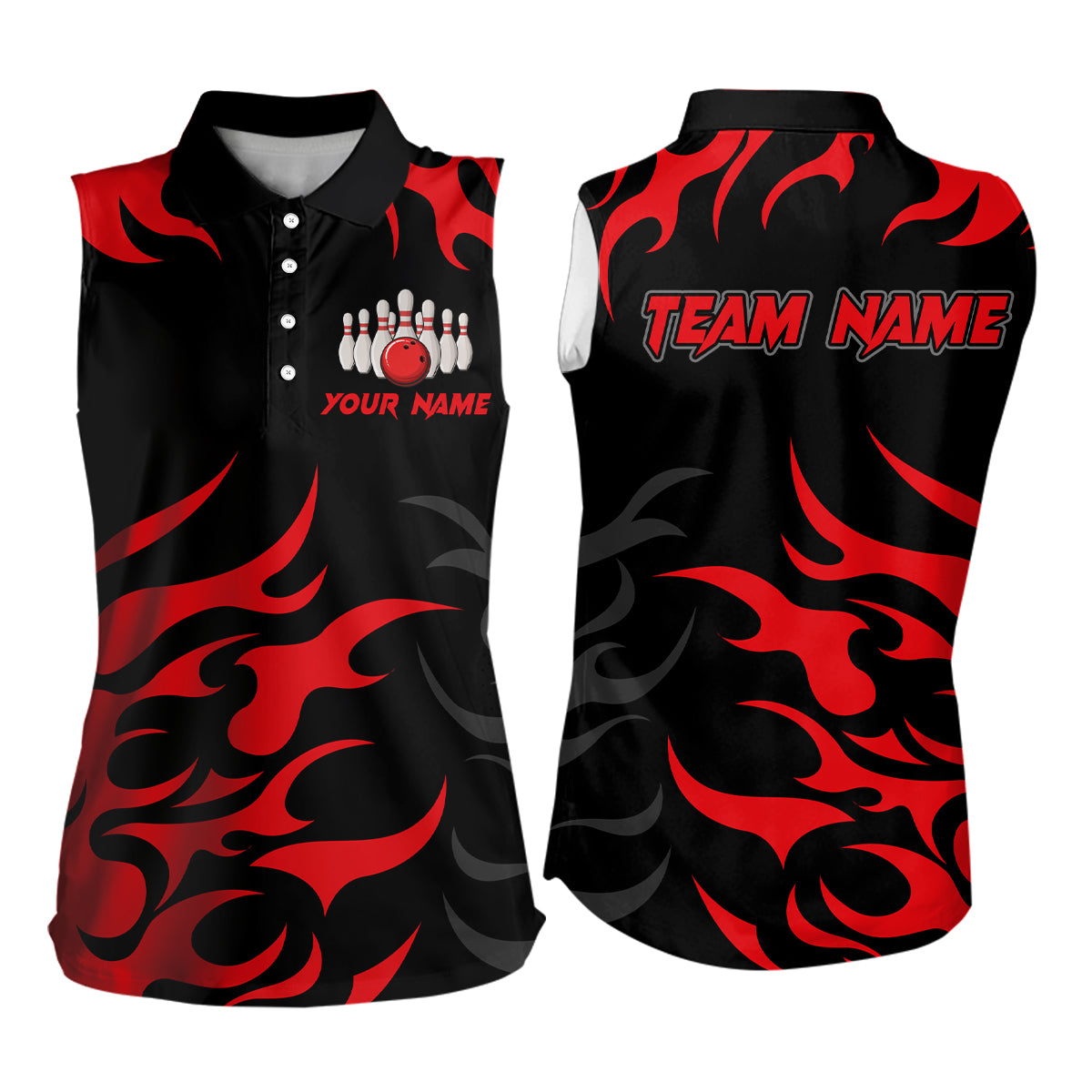 Black and Red Flame Women sleeveless polo shirts Custom team bowling jerseys, ladies bowling apparel NQS9273