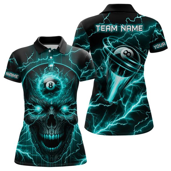 Personalized Skull Billiard Polo Shirts For Women Custom Name 8 Ball Pool Billiard Jerseys |Turquoise TDM1533