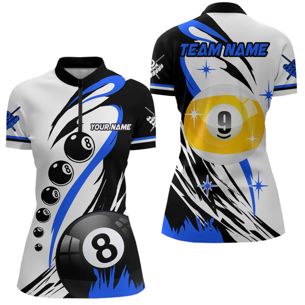 Personalized Billiard 8 Ball & 9 Ball Pool Shirts For Women Custom Billiard Team Jerseys | Blue TDM2409