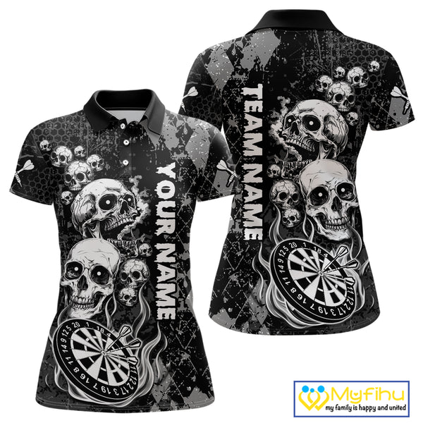 Black Grey Grunge Argyle Skull Dart Shirts Custom Women's Dart Jerseys Team Polo & Quarter Zip TDM3836