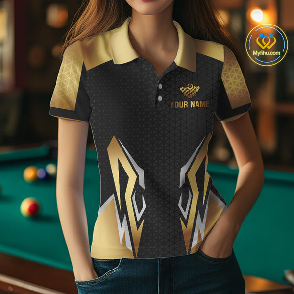 Black And Golden 8 Ball Pool Crown Billiard Shirt For Women Custom Billiard Jersey Polo & 1/4 Zip TDM4321