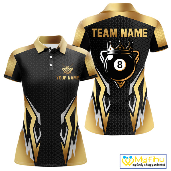 Black And Golden 8 Ball Pool Crown Billiard Shirt For Women Custom Billiard Jersey Polo & 1/4 Zip TDM4321