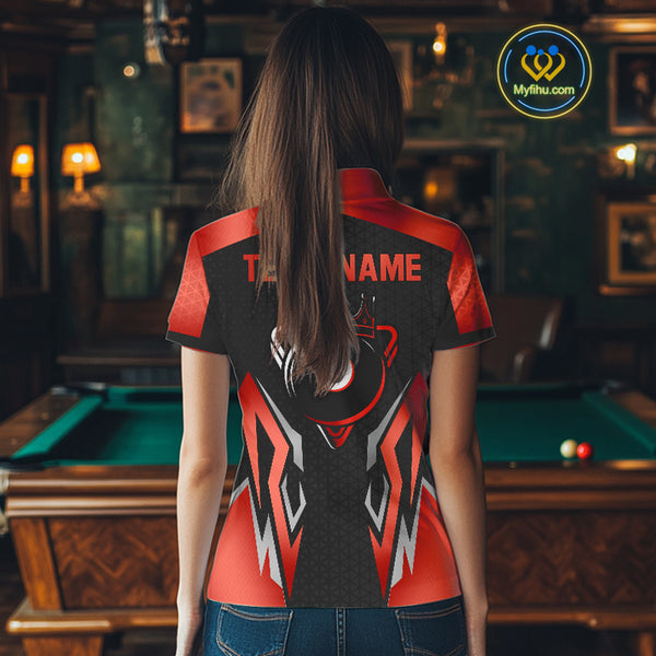 Black And Red 8 Ball Pool Crown Billiard Shirt For Women Custom Billiard Jersey Team Polo & 1/4 Zip TDM4322