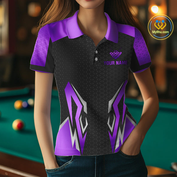 Black Purple 8 Ball Pool Crown Billiard Shirt For Women Custom Billiard Jersey Team Polo & 1/4 Zip TDM4323