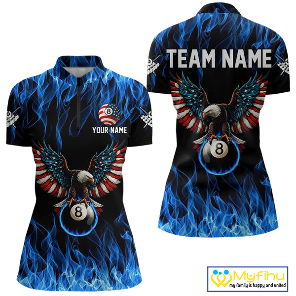 Blue Flaming American Flag Eagle 8 Ball Billiard Shirt For Women Custom Patriotic Pool Team Jersey TDM4328